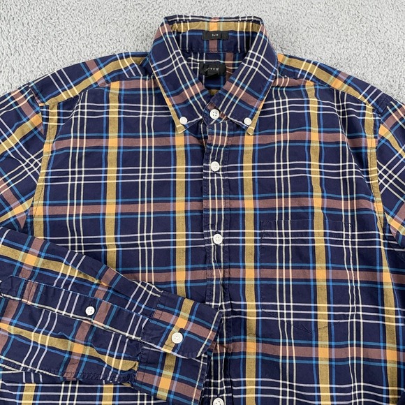 J Crew Shirt Mens Medium Blue Yellow Plaid Slim Fit Button Down Cotton Pocket - Picture 1 of 10